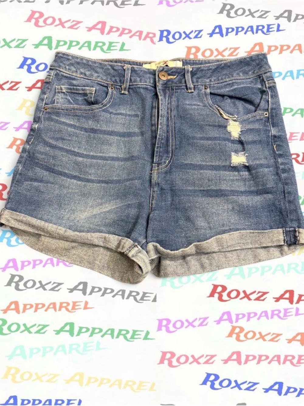 Distressed Rolled-Hem Denim Shorts in Blue